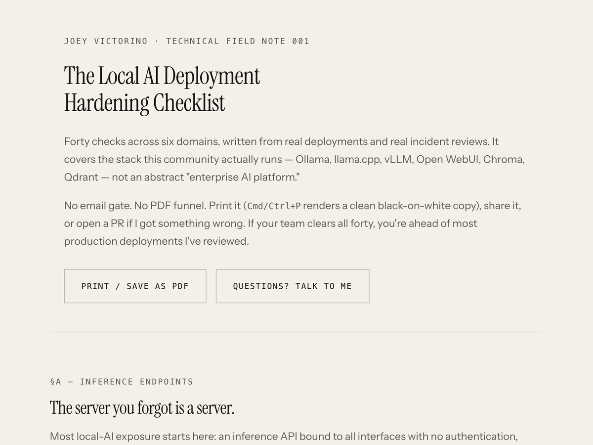 Opening of the Local AI Deployment Hardening Checklist showing the network exposure section