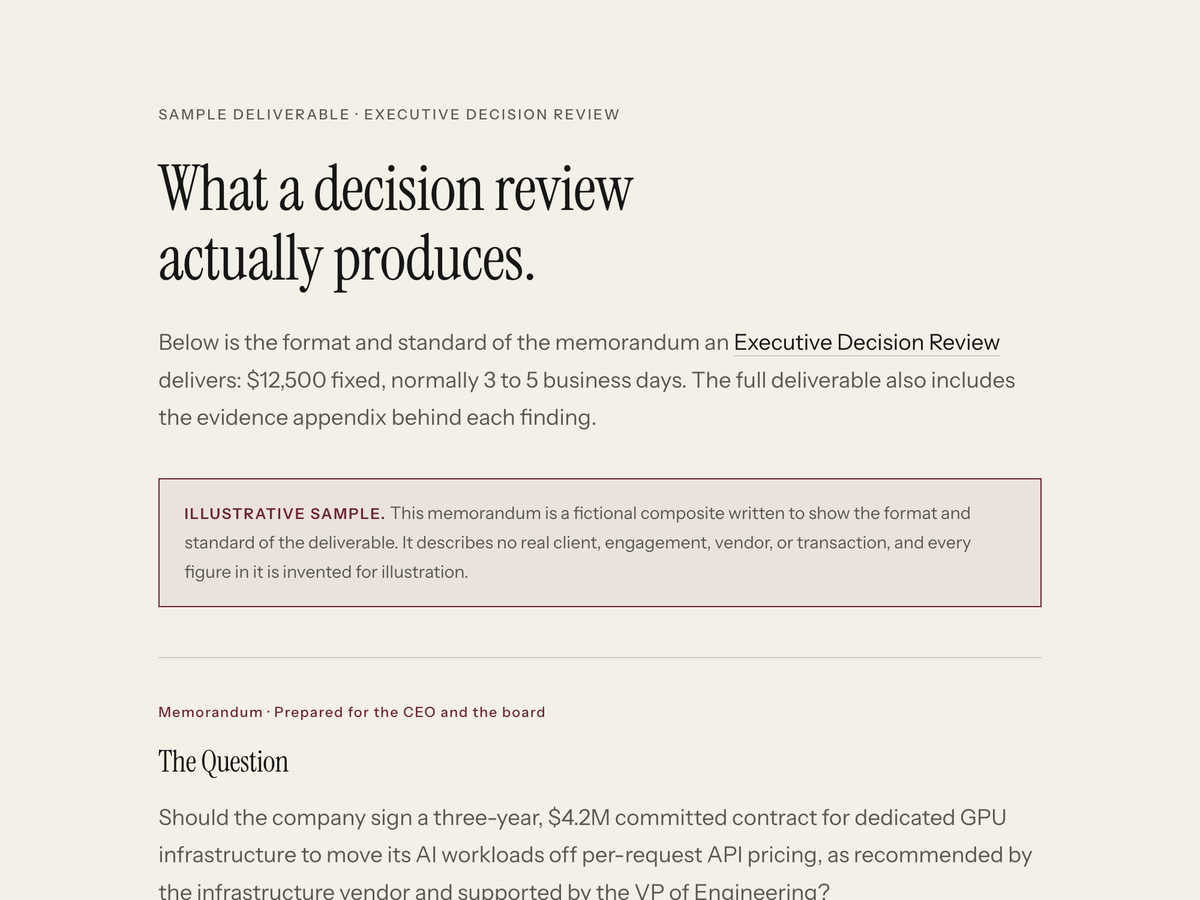 Opening of the sample Executive Decision Memorandum showing the question, evidence reviewed, and findings structure