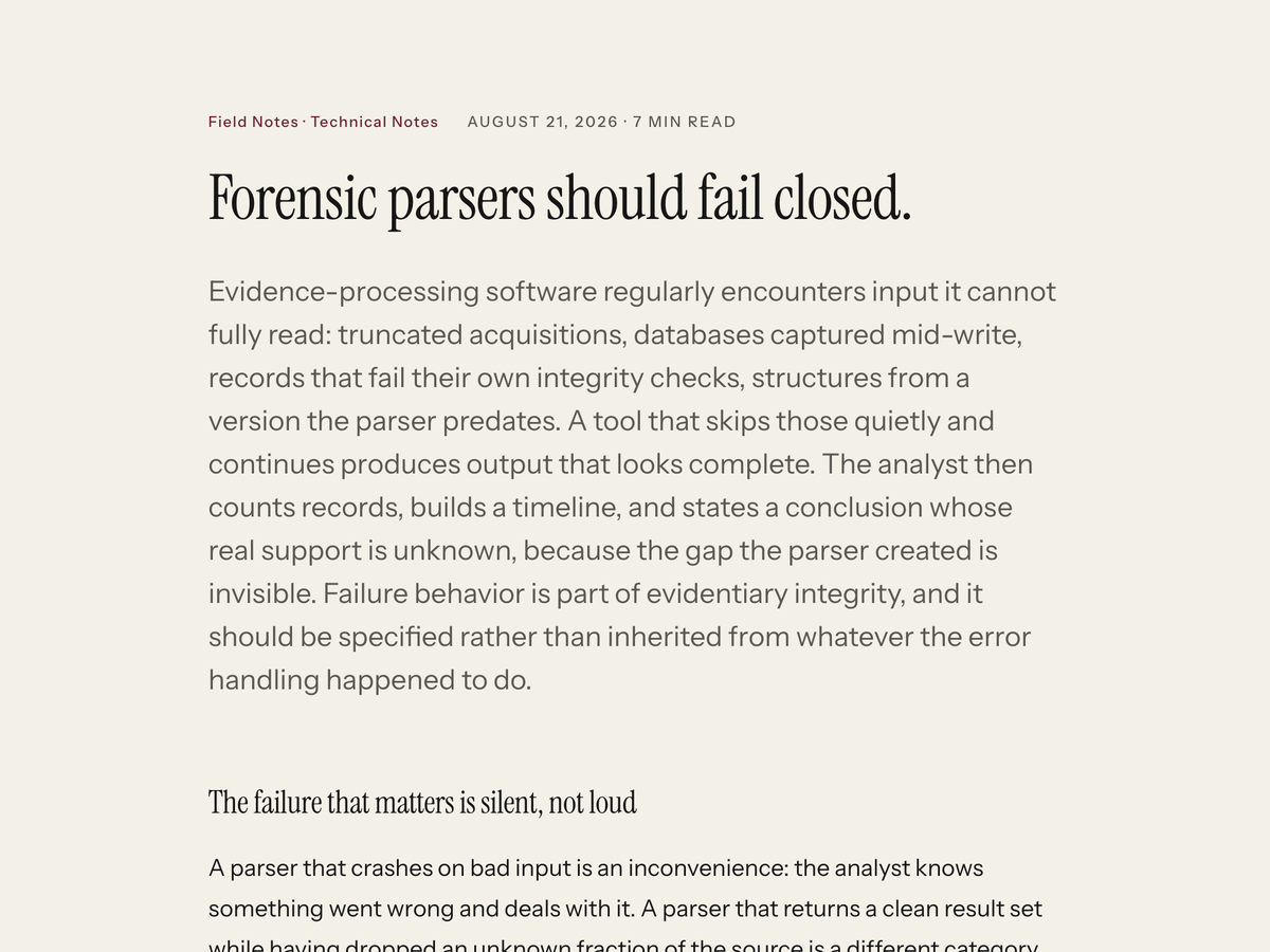 Opening of the field note Forensic Parsers Should Fail Closed, a technical standard for evidence-processing software