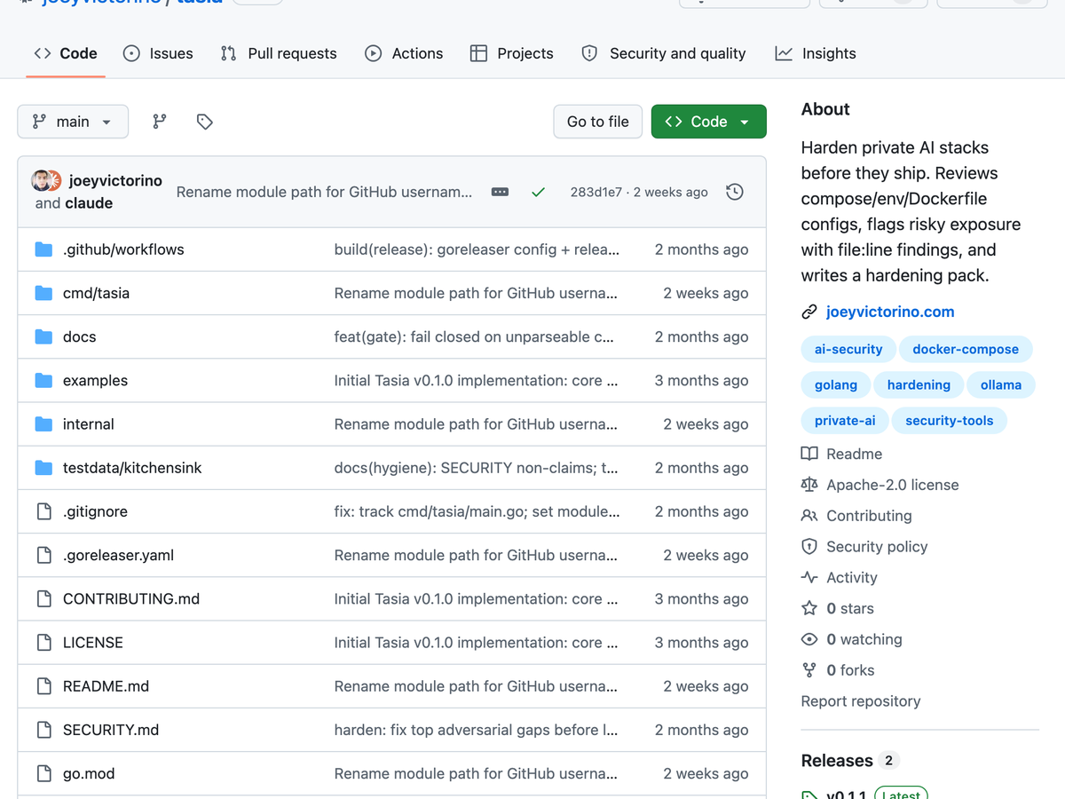 The Tasia repository on GitHub: an open-source tool that reviews private-AI configuration and produces a hardening pack