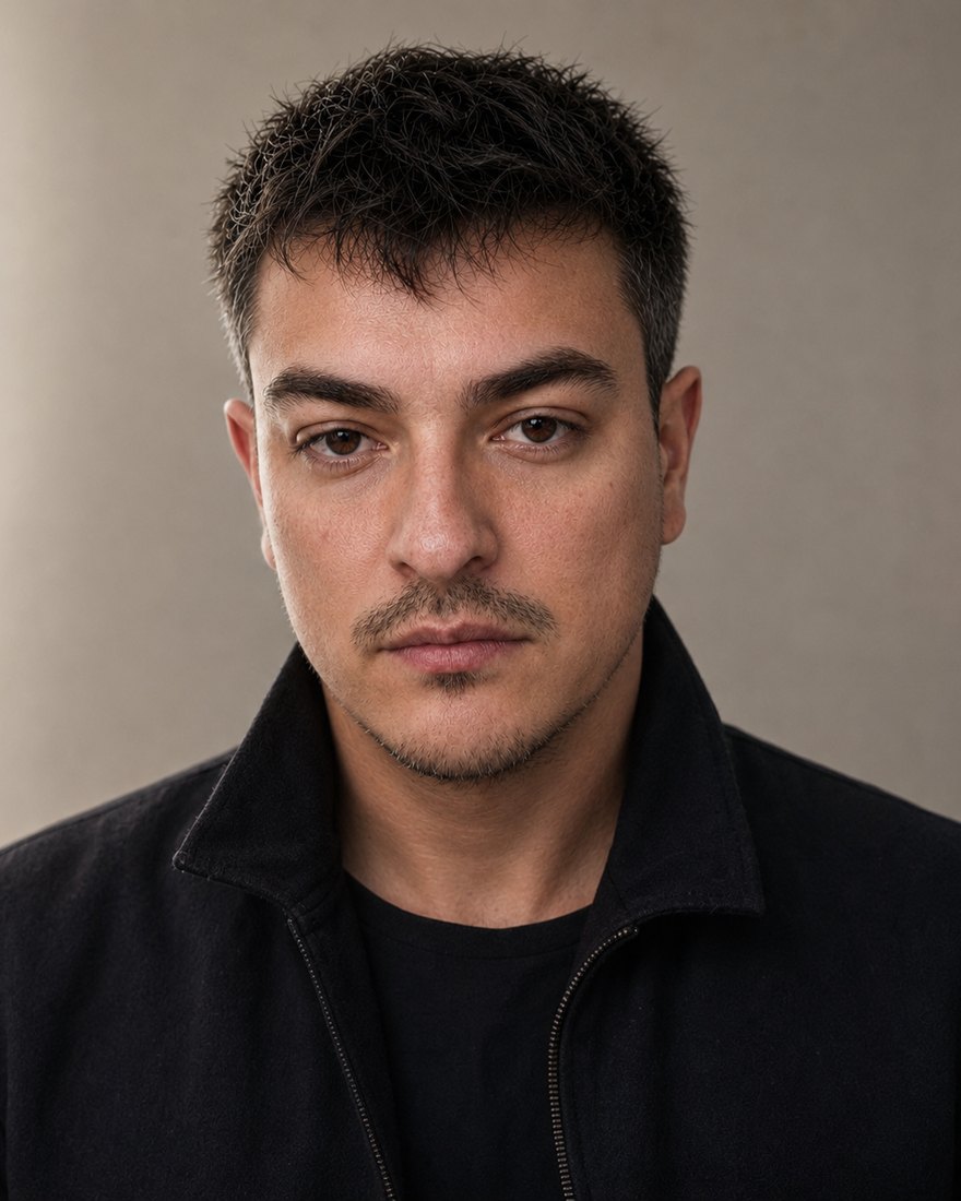 Joey Victorino, fotografiado de frente a la cámara con chaqueta oscura sobre un fondo gris liso.