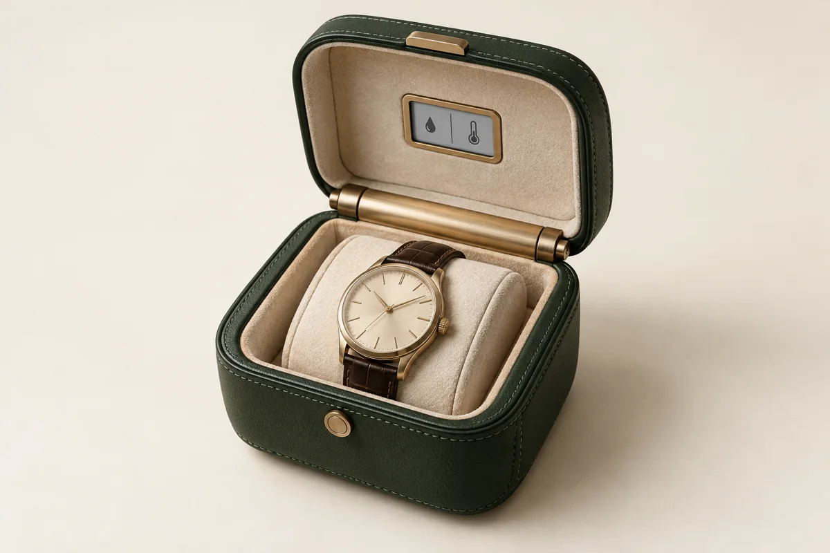 COLD CASE concept: green leather watch case with a small environmental display.
