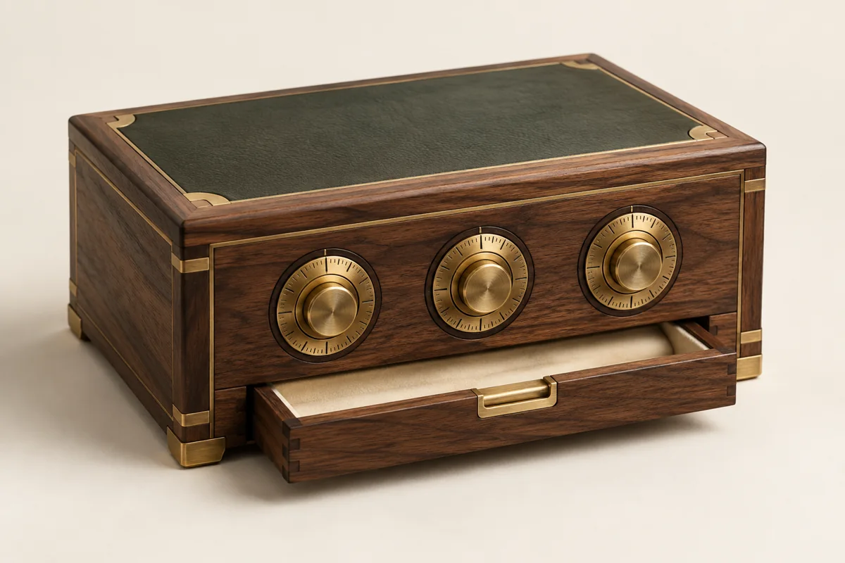 DEAD DROP concept: walnut and green leather mechanical box with brass dials and a hidden drawer.