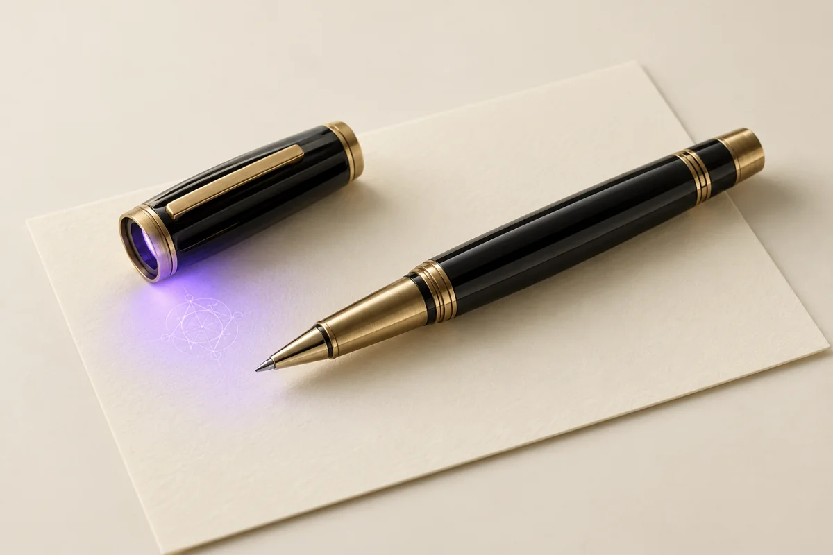 DEAD LETTER concept: black and brass pen with a UV cap revealing a symbol on ivory stationery.