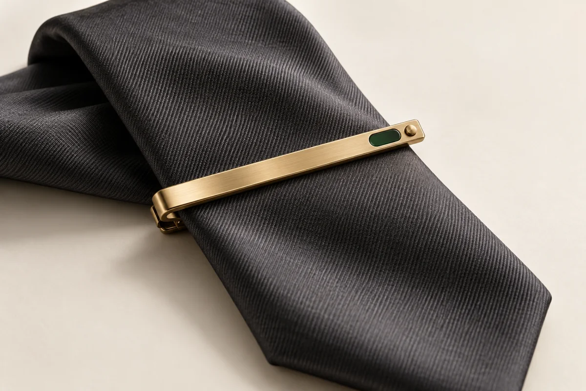 SIGNAL concept: brass and green enamel tie bar on charcoal silk.
