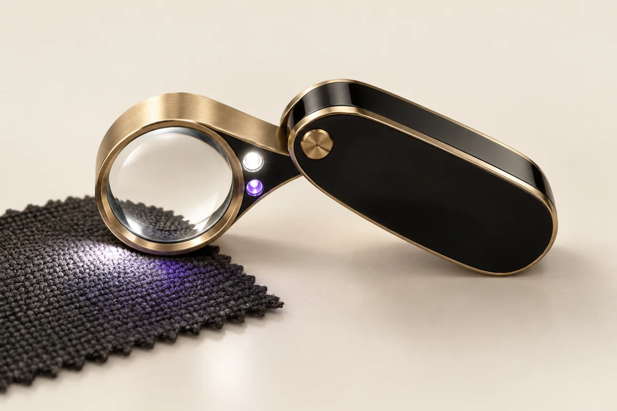 SPECTRAL concept: folding brass loupe with white and violet illumination.